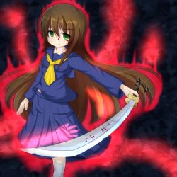 Rule 34 | 1girl, blood, blood on face, brown hair, corpse party, corpse party if, green eyes, holding, holding sword, holding weapon, kasui sayako, long hair, neckerchief, pleated skirt, sailor collar, school uniform, serafuku, skirt, solo, sword, umberblack, weapon