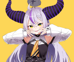 Rule 34 | 1girl, absurdres, ahoge, animal, animal on head, armpits, bare shoulders, blush, breasts, crow (la+ darknesss), demon girl, demon horns, detached sleeves, highres, hololive, holox, horns, jacket, la+ darknesss, long hair, looking at viewer, multicolored hair, on head, pointy ears, portrait, purple hair, shinomu (cinomoon), silver hair, simple background, small breasts, solo, streaked hair, striped horns, two-tone hair, unworn jacket, virtual youtuber, yellow background, yellow eyes