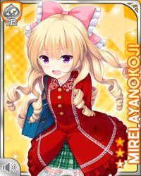 Rule 34 | 1girl, annoyed, arms behind back, ayanokoji mirei, blonde hair, blouse, bow, card, character name, chocolate, curly hair, drill hair, girlfriend (kari), green skirt, hair ornament, holding, jacket, long hair, official art, open mouth, ouju, pink bow, plaid, plaid skirt, purple eyes, qp:flapper, red jacket, ringlets, shirt, shoes, skirt, solo, standing, tagme, v-shaped eyebrows, very long hair, white legwear, white shirt, yellow background