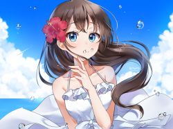 Rule 34 | 1girl, bare arms, bare shoulders, blue eyes, blue sky, breasts, brown hair, bubble, chestnut mouth, chyoling, cloud, collarbone, day, dress, floating hair, flower, hair flower, hair ornament, halter dress, halterneck, hand up, horizon, long hair, looking at viewer, ocean, original, outdoors, parted lips, red flower, sky, sleeveless, sleeveless dress, solo, twitter username, upper body, white dress