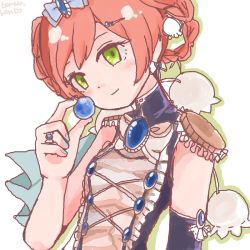Rule 34 | 10s, 1girl, bluebell candy, braid, butter run, candy, flower, food, green eyes, hair ornament, hairclip, jewelry, light smile, lily of the valley, mahou shoujo ikusei keikaku, nail polish, pink hair, ring, solo, upper body