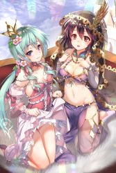 Rule 34 | 2girls, absurdres, blue hair, blush, breasts, brown eyes, brown hair, character cutout, choker, cleavage, clothes lift, detached sleeves, flower, grey legwear, grey sleeves, hair between eyes, hair flower, hair ornament, highres, houchi shoujo, huge filesize, jewelry, kneeling, leg warmers, lifted by self, long hair, long skirt, long sleeves, medium breasts, medium hair, midriff, multiple girls, navel, necklace, noir socery777, open mouth, pink flower, pleated skirt, purple eyes, skirt, skirt lift, small breasts, smile, stomach, very long hair, white skirt, wrist cuffs