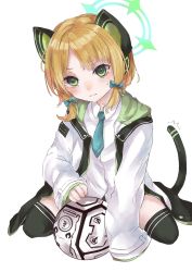 Rule 34 | 1girl, ^^^, animal ear headphones, animal ears, asymmetrical bangs, black jacket, blonde hair, blue archive, blue necktie, blush, bow, cat ear headphones, cat tail, chesed (blue archive), closed mouth, collared shirt, fake animal ears, green bow, green eyes, green jacket, hair bow, halo, headphones, highres, hood, hooded jacket, jacket, long sleeves, looking at viewer, midori (blue archive), multicolored clothes, multicolored jacket, necktie, on floor, open clothes, open jacket, shirt, short hair, short necktie, simple background, sleeves past fingers, sleeves past wrists, solo, tail, thighhighs, white background, white jacket, white shirt, zn30en