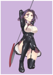 Rule 34 | 10s, 1girl, arm behind head, crotch, garter straps, glaive (polearm), groin, hiememiko, highres, kantai collection, kneeling, latex, looking down, on one knee, polearm, purple background, purple eyes, purple hair, see-through, short hair, simple background, smile, solo, tatsuta (kancolle), thighhighs, underbust