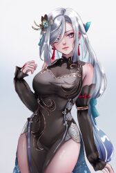 Rule 34 | 1girl, bare shoulders, black dress, breasts, commentary, cowboy shot, detached sleeves, dress, genshin impact, grey background, grey eyes, grey hair, hair ornament, highres, large breasts, long hair, long sleeves, pelvic curtain, shenhe (frostflower dew) (genshin impact), shenhe (genshin impact), sleeveless, sleeveless dress, solleen, solo, standing, very long hair
