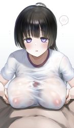 Rule 34 | 1boy, 1girl, alternate hairstyle, bang dream!, between breasts, black hair, blush, breast press, breasts, clothed female nude male, covered erect nipples, flying sweatdrops, gym shirt, gym uniform, hair ornament, hair scrunchie, hetero, highres, large breasts, long hair, looking at viewer, nude, paizuri, paizuri under clothes, parted lips, penis, ponytail, pov, purple eyes, scrunchie, see-through, shirokane rinko, shirt, short sleeves, sidelocks, simple background, solo focus, spoken blush, sweat, t-shirt, toruneko, upper body, upturned eyes, wet, wet clothes, wet shirt, white background, white shirt
