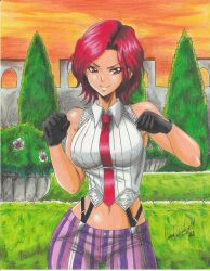 Rule 34 | 1girl, 2021, absurdres, artist name, bare arms, bare shoulders, belt, black gloves, breasts, building, bush, clenched hands, cowboy shot, female focus, fighting stance, flower, gloves, grass, highres, large breasts, medium hair, navel, necktie, outdoors, pants, ravernclouk design, red eyes, red hair, red necktie, shirt, sleeveless, sleeveless shirt, smile, snk, solo, standing, striped clothes, striped pants, sunset, the king of fighters, traditional media, tree, vanessa (kof), white shirt
