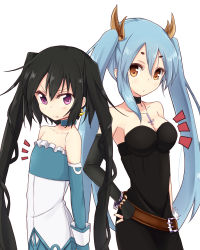 Rule 34 | 2girls, amano kouki, black hair, blush, breast envy, breasts, cross, earrings, elbow gloves, fingerless gloves, flat chest, gloves, hand on own hip, jewelry, long hair, multiple girls, necklace, note-chan, original, purple eyes, twintails, very long hair, white background