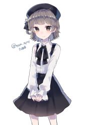 Rule 34 | 1girl, bad id, bad twitter id, black bow, black bowtie, black hat, black skirt, blush, bow, bowtie, brown eyes, brown hair, closed mouth, collared shirt, commentary request, cowboy shot, hat, hatoba tsugu, ikeuchi tanuma, long sleeves, mole, mole under eye, pantyhose, pleated skirt, shirt, short hair, simple background, skirt, smile, solo, standing, twitter username, virtual youtuber, white background, white shirt, wing collar