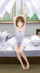 Rule 34 | 1girl, arm up, armpits, arms up, bad id, bad pixiv id, barefoot, bed, bed sheet, breasts, brown hair, camisole, cellphone, cleavage, curtains, dokipara, closed eyes, full body, highres, indoors, legs, original, phone, pillow, sitting, solo, stretching, sweat, window, yoropa