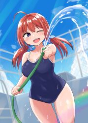 Rule 34 | 1girl, blue eyes, blush, breasts, cleavage, highres, hose, large breasts, one-piece swimsuit, one eye closed, open mouth, original, pool, rainbow, red hair, senshiya, smile, solo, swimsuit, twintails