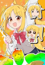 Rule 34 | 1girl, absurdres, ahoge, arm up, blonde hair, blue skirt, bocchi the rock!, bow, bowtie, brown eyes, collared shirt, drumsticks, highres, holding, holding drumsticks, ijichi nijika, long hair, long sleeves, looking at viewer, masumi mi, open mouth, pleated skirt, red bow, red bowtie, school uniform, shirt, side ponytail, sidelocks, skirt, smile, solo, sparkle, white shirt, yellow background