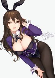 Rule 34 | 10s, 1girl, :d, adapted costume, animal ears, artist name, ashigara (kancolle), black pantyhose, blush, breasts, brown eyes, brown hair, bunny day, cleavage, commentary request, dated, fake animal ears, fang, hair ornament, tucking hair, hairband, hand on own knee, kantai collection, large breasts, leaning forward, leotard, long hair, looking at viewer, open mouth, pantyhose, playboy bunny, rabbit ears, rokuwata tomoe, signature, simple background, smile, solo, twitter username, white background
