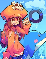 Rule 34 | 1girl, :d, absurdres, anchor, animal, backpack, bacun, bag, blue background, blush stickers, cowboy shot, dolphin, guilty gear, guilty gear strive, hat, highres, holding, holding weapon, long hair, looking at viewer, may (guilty gear), mr. dolphin (guilty gear), open mouth, orange eyes, orange headwear, signature, simple background, skull and crossbones, smile, solo focus, standing, teeth, water, weapon
