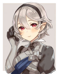 Rule 34 | 1girl, armor, closed mouth, corrin (female) (fire emblem), corrin (fire emblem), fire emblem, fire emblem fates, grey background, haru (nakajou-28), highres, nintendo, pointy ears, red eyes, short hair, simple background, solo, upper body, white hair