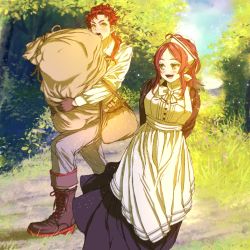 Rule 34 | 1boy, 1girl, aisha greyrat, ars greyrat, artist request, aunt and nephew, breasts, carrying, day, gloves, grass, highres, large breasts, long hair, looking at another, maid, medium hair, mushoku tensei, open mouth, outdoors, red hair, sky, smile, standing, sunlight, tree, yellow eyes