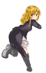 Rule 34 | 1girl, akabeco, ass, blush, boots, braid, breasts, coat, from behind, highres, kirisame marisa, long hair, looking at viewer, medium breasts, petticoat, rei (cookie), side braid, single braid, smile, solo, touhou, trench coat, wavy hair