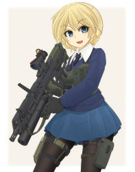 Rule 34 | 10s, 1girl, ag sa 80, assault rifle, black gloves, black necktie, blonde hair, blue eyes, blue skirt, blue sweater, braid, bulletproof vest, bullpup, carbine, commentary request, cowboy shot, darjeeling (girls und panzer), dress shirt, girls und panzer, gloves, grenade launcher, gun, highres, holding, holding gun, holding weapon, l123a2, l85, light smile, long sleeves, looking at viewer, machine gun, md5 mismatch, mikeran (mikelan), miniskirt, necktie, open mouth, outside border, pantyhose, partial commentary, pleated skirt, pouch, resolution mismatch, rifle, sa80, school uniform, scope, shirt, short hair, skirt, smile, solo, source smaller, squad automatic weapon, st. gloriana&#039;s school uniform, standing, sweater, tactical clothes, thigh strap, underbarrel grenade launcher, v-neck, weapon, white shirt, wing collar
