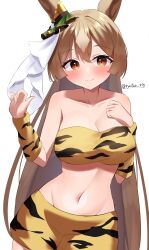 Rule 34 | 1girl, absurdres, animal ears, animal print, bare shoulders, blush, breasts, brown hair, cleavage, collarbone, commentary request, cowboy shot, detached sleeves, ear covers, ear ornament, elbow sleeve, hair between eyes, hand on own chest, highres, horse ears, horse girl, horse tail, large breasts, long hair, looking at viewer, lryutanl, midriff, multicolored hair, navel, pants, satono diamond (umamusume), simple background, smile, solo, stomach, streaked hair, tail, tiger print, tube top, twitter username, umamusume, very long hair, white background, white hair, yellow eyes, yellow pants, yellow tube top