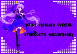 Rule 34 | 1girl, aesthetic edit, bare shoulders, blue dress, dress, elbow gloves, english text, fingerless gloves, floating hair, full body, gloves, looking at viewer, purple thighhighs, smile, solo, standing, stardust, tagme, thighhighs, twintails, vocaloid, vocanese, vsinger, xingchen