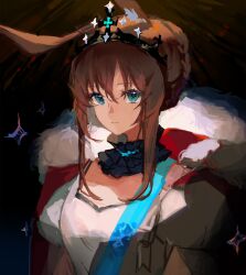 Rule 34 | 1girl, ambience synesthesia, amiya (arknights), animal ear fluff, animal ears, arknights, black jacket, blue eyes, breasts, brown hair, closed mouth, dress, fur-trimmed jacket, fur trim, hair between eyes, highres, jacket, looking at viewer, oma1oo, open clothes, open jacket, puffy short sleeves, puffy sleeves, rabbit ears, short sleeves, sidelocks, small breasts, solo, tiara, upper body, white dress