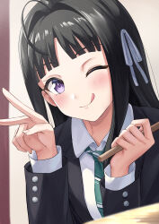 Rule 34 | 1girl, absurdres, ahoge, awa subaru, black hair, black jacket, blush, closed mouth, collared shirt, commentary request, diagonal-striped clothes, diagonal-striped necktie, drumsticks, film grain, girls band cry, green necktie, hair ribbon, hands up, highres, holding, holding drumsticks, jacket, leeshin0919, long hair, looking at viewer, necktie, one eye closed, parted bangs, purple eyes, ribbon, shirt, sidelocks, solo, striped clothes, tongue, tongue out, v, white ribbon, white shirt