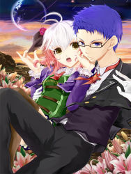 Rule 34 | 1boy, 1girl, :o, alternate costume, bad id, bad pixiv id, blue eyes, blue hair, couple, flower, formal, glasses, hat, hetero, hubert ozwell, kamihara yuu, lily (flower), multicolored hair, open mouth, pascal (tales), pink flower, pink rose, planet, red hair, rose, short hair, suit, tales of (series), tales of graces, two-tone hair, white hair, yellow eyes