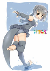 Rule 34 | 10s, 1girl, animal ears, ass, barefoot, bent over, blush, breasts, brown eyes, commentary request, copyright name, elbow gloves, artistic error, feet, fingerless gloves, frilled swimsuit, frills, from behind, full body, fur collar, gloves, gradient hair, grey hair, highres, kemono friends, leg up, looking at viewer, looking back, md5 mismatch, medium breasts, multicolored hair, one-piece swimsuit, open mouth, outstretched arms, resolution mismatch, running, sekira ame, short hair, small-clawed otter (kemono friends), solo, source smaller, standing, standing on one leg, swimsuit, tail, thighhighs, toeless legwear, toes, two-tone background, two-tone hair, water, white background, white hair, wrong foot