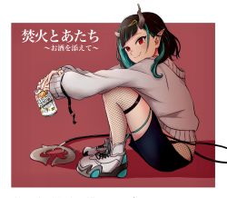 Rule 34 | 1girl, black hair, black shorts, blue hair, blush, can, closed mouth, commentary request, demon girl, demon horns, demon tail, fishnet thighhighs, fishnets, full body, grey sweater, hair ornament, hairclip, highres, holding, holding can, horns, long sleeves, looking to the side, medium hair, multicolored hair, nanashi inc., official alternate costume, pointy ears, red eyes, shishio chris, shishio chris (2nd costume), shoes, shorts, sitting, smile, sneakers, solo, strong zero, sugar lyric, sweater, tail, tengu nimuru, thighhighs, translation request, two-tone hair, virtual youtuber, white footwear