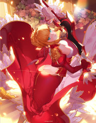 Rule 34 | 1girl, aestus estus, ahoge, aqua eyes, artist name, ass, ass cutout, blonde hair, boots, bow, braid, breasts, butt crack, cleavage, cleavage cutout, closed mouth, clothing cutout, detached sleeves, dress, epaulettes, fate/extra, fate/grand order, fate (series), flower, french braid, hair bow, holding, holding sword, holding weapon, knee boots, leg up, long sleeves, looking at viewer, looking back, medium breasts, nero claudius (fate), nero claudius (fate) (all), nero claudius (fate/extra), orange sekaii, puffy sleeves, red bow, red dress, signature, simple background, smile, solo, sword, weapon