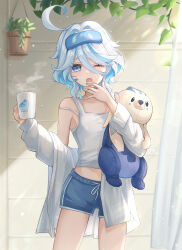 Rule 34 | 1girl, absurdres, ahoge, bare shoulders, blue eyes, blue hair, blue nails, blue shorts, blush, bra, coat, commentary request, cowboy shot, cup, drop-shaped pupils, fang, furina (genshin impact), genshin impact, hand to own mouth, hands up, highres, holding, holding cup, long sleeves, looking at viewer, midriff, mokankan, morning, nail polish, one eye closed, open clothes, open coat, open mouth, plant, potted plant, short hair, shorts, sidelighting, skin fang, solo, standing, steam, strap slip, stuffed animal, stuffed toy, symbol-shaped pupils, tank top, tears, thighs, underwear, white bra, white coat, white tank top, yawning