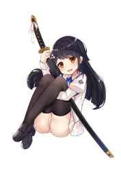 Rule 34 | 1girl, :d, aged down, arm up, azur lane, black footwear, black hair, black thighhighs, blush, bobo (6630978), brown eyes, choukai (azur lane), collared shirt, commentary request, highres, holding, holding sheath, hugging own legs, juliet sleeves, katana, loafers, long sleeves, looking at viewer, open mouth, panties, pleated skirt, puffy sleeves, sheath, sheathed, shirt, shoes, simple background, skirt, smile, solo, sword, teeth, thighhighs, underwear, upper teeth only, weapon, white background, white panties, white shirt, white skirt