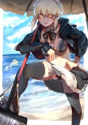 Rule 34 | 10s, 2017, 2girls, artoria pendragon (all), artoria pendragon (alter swimsuit rider) (fate), artoria pendragon (alter swimsuit rider) (second ascension) (fate), artoria pendragon (fate), beach umbrella, bikini, black legwear, blonde hair, blush, breasts, broom, choker, cleavage, dated, fate (series), feet, garter belt, gluteal fold, hair between eyes, highres, kosumi, lace, lace-trimmed garter belt, lace choker, lace trim, looking at viewer, maid, maid bikini, medium breasts, multiple girls, navel, no shoes, ocean, ribbon choker, saber alter, sand, shore, swimsuit, thighhighs, thighs, toes, umbrella, unconventional maid, upskirt, water, waves, yellow eyes