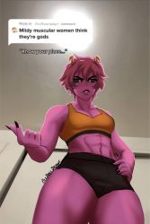 Rule 34 | 1girl, abs, ashido mina, black sclera, boku no hero academia, colored sclera, colored skin, highres, meme, mildly muscular women think they&#039;re gods (meme), pink skin, solo, tagme, yellow eyes