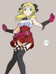 Rule 34 | 1girl, black thighhighs, blonde hair, closed mouth, gloves, green eyes, grey background, haimura kiyotaka, high-waist skirt, highres, looking at viewer, mole, mole under eye, original, red gloves, red skirt, shirt, simple background, skirt, smile, solo, thighhighs, white shirt