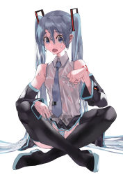 Rule 34 | 1girl, aqua nails, bare shoulders, black necktie, black skirt, black sleeves, black thighhighs, blue eyes, blue hair, boots, commentary, crossed legs, detached sleeves, ekitabu hosii, grey shirt, hair ornament, hatsune miku, highres, holding, holding clothes, holding shirt, long hair, looking at viewer, miniskirt, nail polish, necktie, open mouth, panties, pantyshot, pleated skirt, shirt, shoulder tattoo, sitting, skirt, sleeveless, sleeveless shirt, solo, striped clothes, striped panties, sweat, sweatdrop, tattoo, thigh boots, thighhighs, twintails, underwear, very long hair, vocaloid, white background
