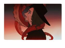 Rule 34 | 1boy, animification, black hat, blood, blood on face, border, brown hair, facial hair, hat, klaus hargreeves, long hair, looking up, male focus, open mouth, qin (7833198), solo, tentacles, tentacles on male, the umbrella academy, white border