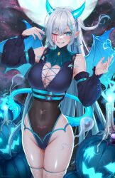 Rule 34 | 1girl, armpit crease, bare shoulders, belt, blue eyes, blue fire, breasts, brown leotard, candle, cleavage, cleavage cutout, clothing cutout, covered navel, cowboy shot, demon girl, demon horns, demon tail, demon wings, detached sleeves, earrings, fangs, fire, fishnet thighhighs, fishnets, full moon, grin, halloween, hands up, highleg, highleg leotard, highres, horns, ironatsuki, jack-o&#039;-lantern, jewelry, large breasts, leotard, long hair, long sleeves, looking at viewer, moon, multiple belts, nail polish, one eye closed, one side up, original, pointy ears, skindentation, smile, solo, standing, stomach tattoo, tail, tattoo, thighhighs, thighs, very long hair, white hair, wings