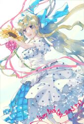 Rule 34 | 1girl, 2023, :d, air (visual novel), alternate costume, blonde hair, blue eyes, bow, commentary request, dress, eyes visible through hair, floating hair, flower, foot out of frame, hair between eyes, hair bow, hair intakes, hand up, happy birthday, highres, holding, holding flower, kamio misuzu, long dress, long hair, long ribbon, looking at viewer, misaki kozue, open mouth, pink ribbon, polka dot, polka dot dress, ribbon, short sleeves, sidelocks, signature, simple background, smile, solo, sunflower, teeth, twitter username, upper teeth only, very long hair, white background, white bow, white dress