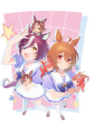Rule 34 | 2girls, agnes tachyon (umamusume), ahoge, animal ears, blonde hair, blush stickers, bow, bowtie, brown eyes, brown footwear, brown hair, character doll, commentary, daiwa scarlet (umamusume), ear ornament, earrings, eyepatch, foreshortening, hair intakes, hair over one eye, hand on own head, highres, horse ears, horse girl, horse tail, jewelry, light brown hair, loafers, long hair, looking up, multicolored hair, multiple girls, one eye covered, open mouth, outline, outside border, pleated skirt, puffy short sleeves, puffy sleeves, purple bow, purple bowtie, purple shirt, red eyes, red hair, sailor collar, sailor shirt, sak (saku6sak), school uniform, shirt, shoes, short hair, short sleeves, single earring, skirt, smile, streaked hair, stuffed toy, summer uniform, tail, tanino gimlet (umamusume), thighhighs, tiara, tracen school uniform, twintails, two-tone hair, umamusume, vodka (umamusume), white sailor collar, white skirt, white thighhighs, yellow eyes