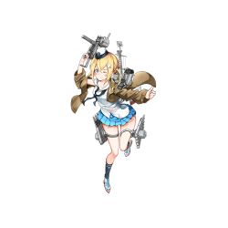 Rule 34 | 15k, 1girl, anthony (warship girls r), black legwear, blonde hair, blue eyes, blue skirt, blush stickers, breasts, brown coat, buttons, cannon, coat, collarbone, full body, grin, gun, hair ornament, hat, holding, holding gun, holding weapon, looking at viewer, m3 submachine gun, machinery, mini hat, miniskirt, official art, one eye closed, pleated skirt, pocket, propeller, radar, shirt, shoes, skirt, smile, smokestack, solo, standing, standing on one leg, star (symbol), star hair ornament, star print, submachine gun, thigh strap, thumbs up, torpedo, transparent background, trigger discipline, turret, twintails, warship girls r, weapon, white footwear, white hat, white shirt