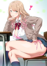 Rule 34 | 1girl, ass, blonde hair, bra, breasts, cardigan, chair, clothes lift, colored tips, commentary request, covered erect nipples, crossed legs, desk, elbow rest, from side, gradient background, gradient hair, gyaru, heart, highres, joy ride, kneehighs, kneepits, kogal, large breasts, leaning forward, lifted by self, lipstick, looking at viewer, looking to the side, makeup, miniskirt, multicolored hair, neck ribbon, original, panties, parted lips, partially unbuttoned, pink bra, pink hair, pink panties, ribbon, school chair, school desk, school uniform, serafuku, shirt, side-tie panties, sitting, skirt, skirt lift, socks, solo, thick thighs, thighs, underwear, wavy hair, white shirt