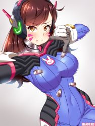 Rule 34 | 1girl, :p, absurdres, ahoge, animal print, artist name, blue bodysuit, bodysuit, breasts, brown eyes, brown hair, cheek poking, commentary, covered navel, d.va (overwatch), danfer3, english commentary, facepaint, facial mark, gloves, glowing, gradient background, grey background, headphones, high collar, highres, large breasts, long hair, looking at viewer, outstretched arm, overwatch, overwatch 1, pilot suit, poking, rabbit print, reaching, reaching towards viewer, ribbed bodysuit, selfie, shoulder pads, signature, skin tight, smile, solo, swept bangs, tongue, tongue out, upper body, whisker markings, white gloves