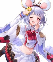 Rule 34 | 1girl, ;d, animal ears, arm up, black pantyhose, blush, bow, brooch, brown footwear, cellphone, frilled skirt, frills, granblue fantasy, hairband, hand up, heart, heart brooch, highres, holding, holding phone, index finger raised, jewelry, loafers, long sleeves, looking at viewer, midriff, mouse ears, navel, one eye closed, open mouth, painttool sai (medium), pantyhose, phone, pleated skirt, red bow, red eyes, red hairband, selfie, shiao, shirt, shoes, silver hair, simple background, skirt, sleeves past wrists, smile, solo, striped, striped bow, vikala (granblue fantasy), white background, white shirt, white skirt, wide sleeves