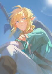 Rule 34 | 1boy, ahoge, blue eyes, blue sky, blue tunic, boots, closed mouth, crossed arms, earrings, from behind, hair between eyes, hair tie, highres, jewelry, lens flare, link, low ponytail, male focus, master sword, medium hair, nintendo, pants, pointy ears, shield, shield on back, shirt, sidelocks, sketch, sky, smile, solo, the legend of zelda, the legend of zelda: breath of the wild, the legend of zelda: tears of the kingdom, toaot, white pants, white shirt