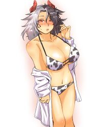 Rule 34 | 1girl, animal print, bikini, black hair, blush, breasts, cleavage, cow horns, cow print, horns, huge breasts, looking at viewer, multicolored hair, nunnun (shunka shuutou), open mouth, red eyes, red horns, short hair, simple background, solo, split-color hair, sweatdrop, swimsuit, touhou, two-tone hair, ushizaki urumi, white background, white hair