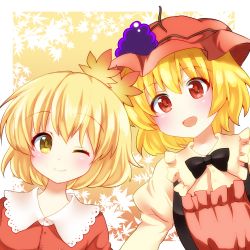 Rule 34 | 2girls, :d, ;), aki minoriko, aki shizuha, autumn leaves, bad id, bad pixiv id, black bow, blonde hair, blush, bow, chako (chakoxxx), closed mouth, eyebrows, food, fruit, grapes, hair ornament, hat, highres, leaf hair ornament, looking at viewer, mob cap, multiple girls, one eye closed, open mouth, red eyes, short hair, siblings, sisters, smile, touhou, upper body, yellow eyes