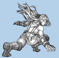 Rule 34 | 1girl, alternate costume, alternate hairstyle, artist request, ass, boots, breasts, cammy white, female focus, fingerless gloves, gloves, goggles, goggles on head, highres, leotard, long hair, looking back, monochrome, solo, street fighter, street fighter v, thick thighs, thighhighs, thighs