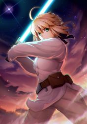 Rule 34 | 1girl, absurdres, ahoge, alternate costume, artoria pendragon (all), artoria pendragon (fate), bag, belt, blonde hair, bow, braid, brown belt, closed mouth, commentary request, cosplay, energy sword, fate/grand order, fate/stay night, fate (series), french braid, green eyes, hair between eyes, hair bow, highres, hisato nago, holding, holding lightsaber, holding sword, holding weapon, jedi, lightsaber, long sleeves, looking at viewer, luke skywalker, luke skywalker (cosplay), saber (fate), science fiction, short hair, solo, star wars, sword, weapon