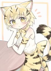 Rule 34 | 1girl, animal ear fluff, animal ears, bare shoulders, blonde hair, blush, brown background, cat ears, cat girl, cat tail, closed mouth, commission, elbow gloves, gloves, grey background, hand up, highres, kemono friends, kibisake, looking at viewer, notice lines, sand cat (kemono friends), shirt, skeb commission, skirt, sleeveless, sleeveless shirt, solo, striped tail, table, tail, two-tone background, white gloves, white shirt, yellow eyes, yellow skirt